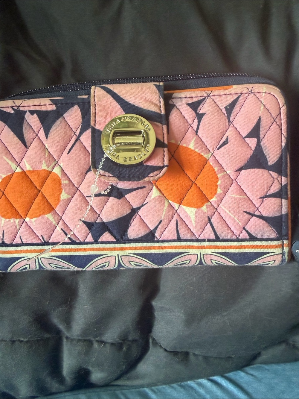 Vera Bradley Pink and Orange Floral Quilted Wallet with Navy Accents